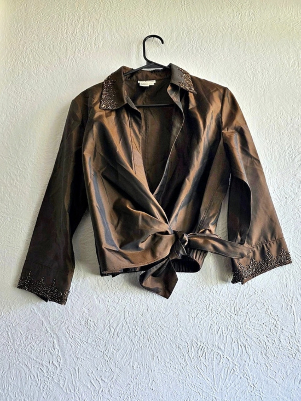 Zola Evening Beaded Tie-Front Jacket in Brown Size 8